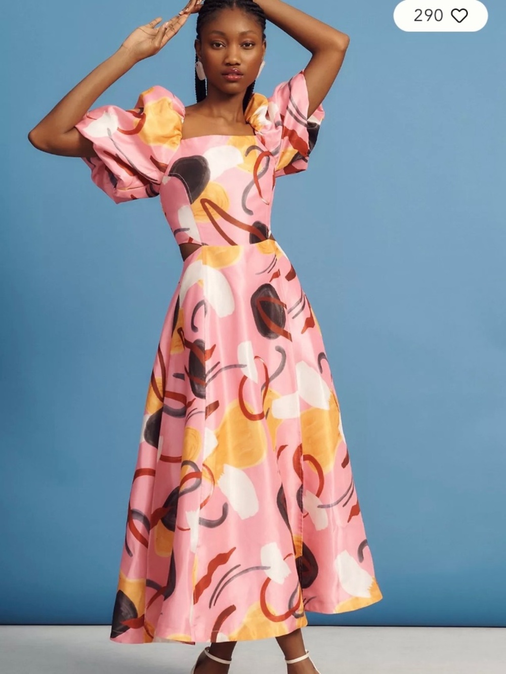 Aureta Anthropologie Pink Abstract Puff Sleeve Cutout Midi Dress S